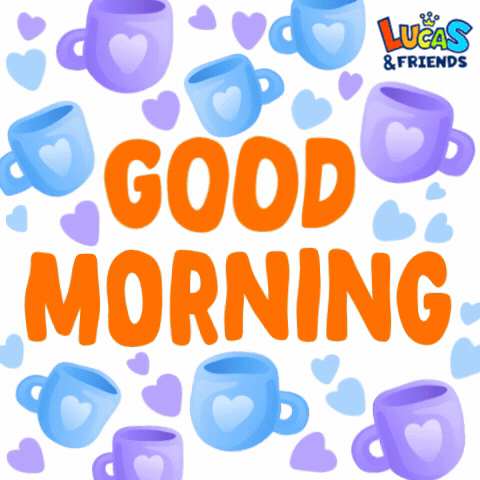 Poster Saying Good Morning with Purple and Blue Cups and Hearts