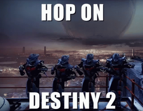 Poster Saying Hop On Destiny 2 With Soldiers on Balcony