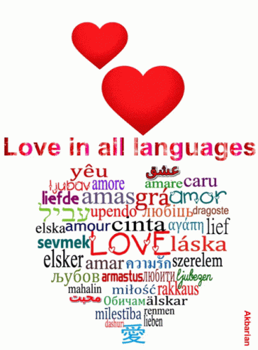 Poster Saying Love In All Languages With Two Hearts GIF