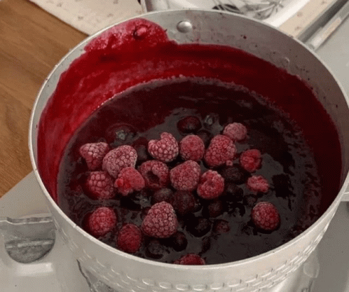 Pot of Raspberries and Blueberries