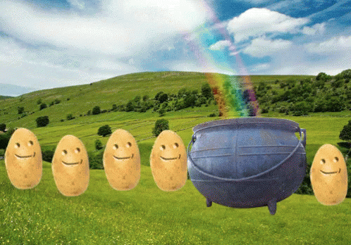 Potatoes with Smiley Faces Lined Up Next to Cauldron