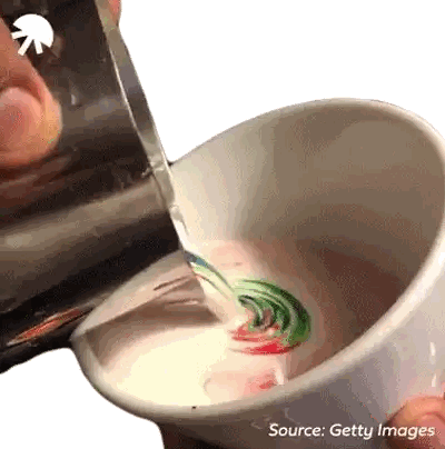 Pouring Milk Into Rainbow Colored Cup
