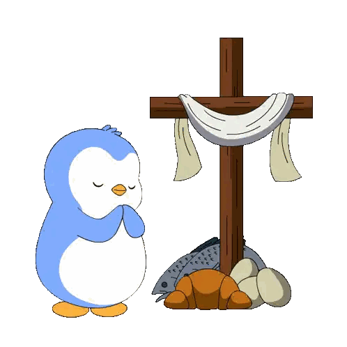 Praying Penguin in Front of Cross