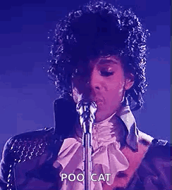 Prince Is Singing Into A Microphone On Stage . GIF