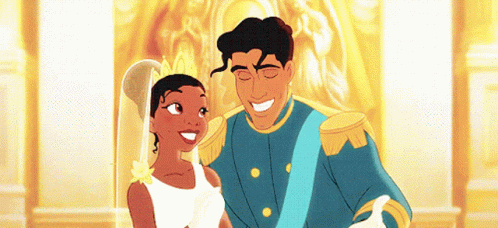 Princess And Frog Bride And Groom Standing Together GIF