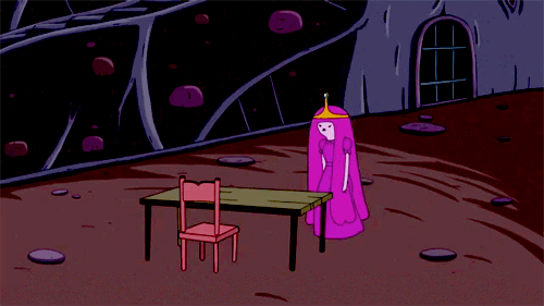 Princess Bubblegum From Adventure Time Is Standing Next To A Chair And A Door GIF