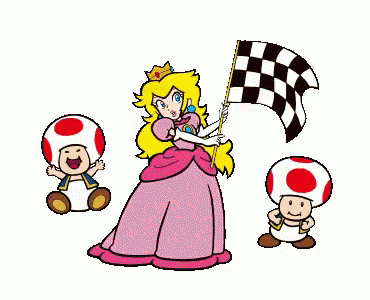 Princess Peach Is Holding A Checkered Flag With Two Toads GIF