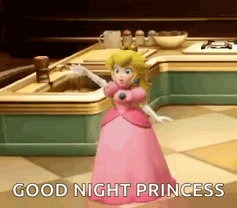 princess peach is standing in front of a sink in a kitchen .