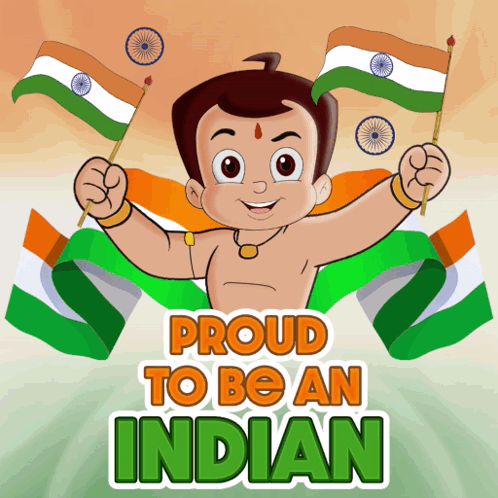Proud to Be an Indian Cartoon Character Holding Flags