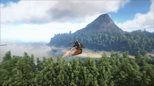 Pterodactyl Flying Over Green Forest With Mountain GIF