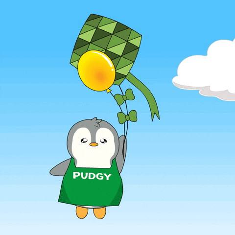 Pudgy Cartoon Penguin Holding Kite And Yellow Balloon GIF