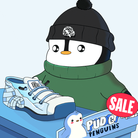 Pudgy Penguin Buying Shoes On Sale GIF
