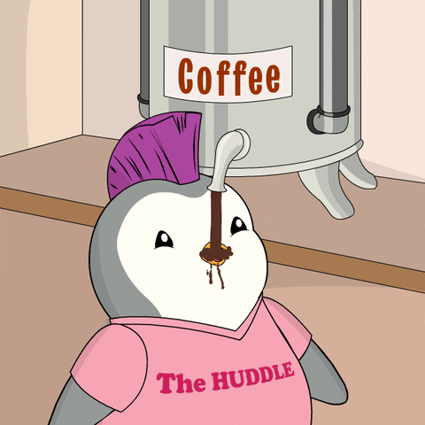 Pudgy Penguin Drinking Monday Coffee From A Machine GIF