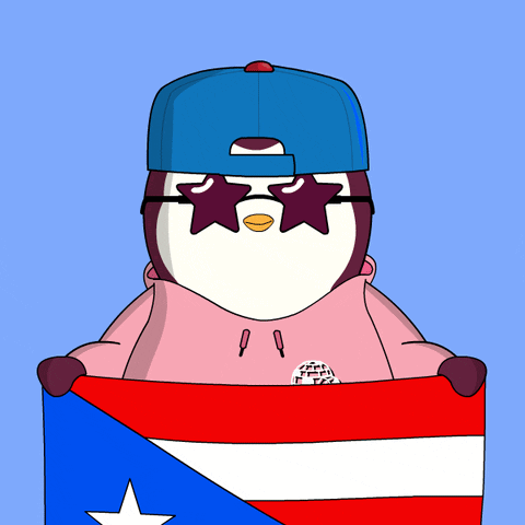 Pudgy Penguin Holding Puerto Rico Flag GIF