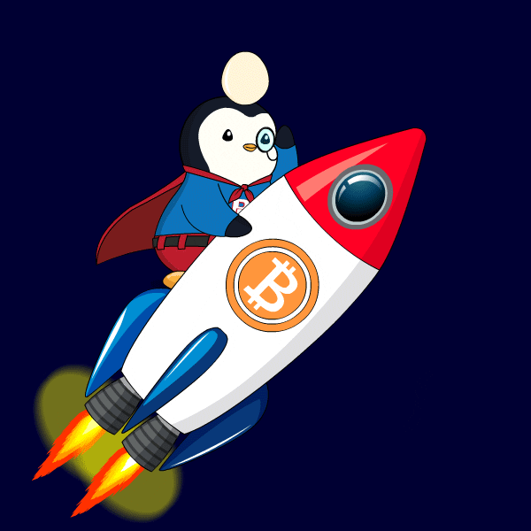 Pudgy Penguin On Flying Rocket With Bitcoin Logo GIF