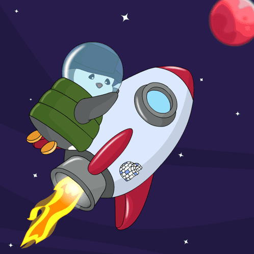 Pudgy Penguin Riding Rocket In Outer Space GIF