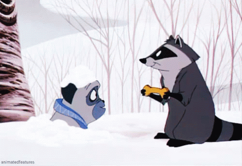 Pug And Raccoon Standing In Snow With Animated Features GIF