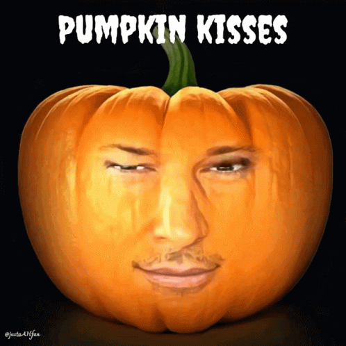 Pumpkin With Carved Man Face And Pumpkin Kisses GIF