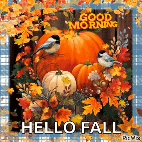 Pumpkins and Leaves Saying Good Morning Hello Fall