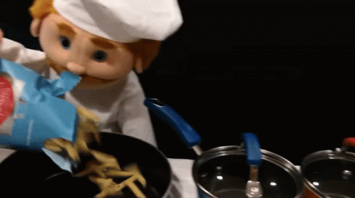Puppet Chef Cooking Penne Pasta GIF