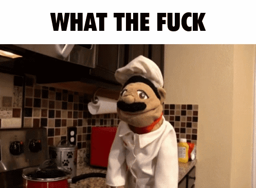 Puppet Chef in Kitchen With What the Fuck Text