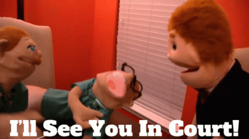 Puppet Saying I'll See You In Court With Another Puppet Looking Out Window GIF