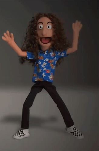 Puppet With Long Curly Hair In Blue Shirt And Checkered Shoes GIF