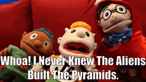 Puppets on Red Couch Say Whoa Aliens Built Pyramids