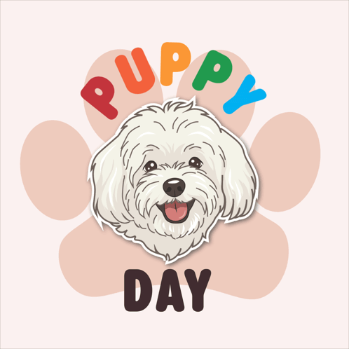 Puppy Day Sticker With White Dog And Hearts