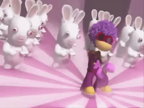 Purple Afro Cartoon Character Dancing With Rabbits