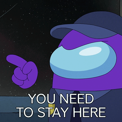 Purple Among Us Character Pointing You Need to Stay Here