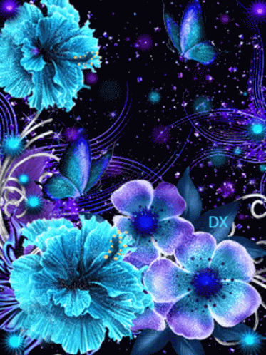 Purple And Blue Flowers With Butterflies On A Black Background GIF