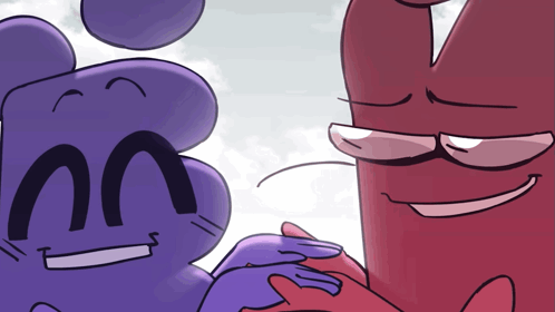 Purple and Red Cartoon Holding Hands Smiling