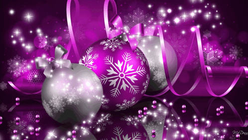 Purple And Silver Christmas Ornaments With Snowflakes On Them On A Purple Background GIF