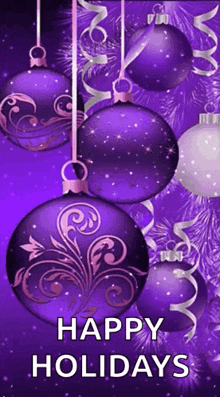 Purple and White Christmas Card With Ornaments Happy Holidays
