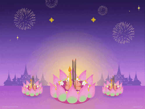 Purple Background With Fireworks And Lotus Flower Candles GIF