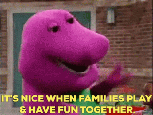 Purple Barney Dinosaur Saying It's Nice When Families Play
