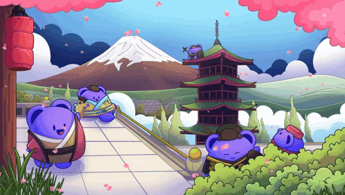 Purple Bears in Front of Mountain and Pagoda
