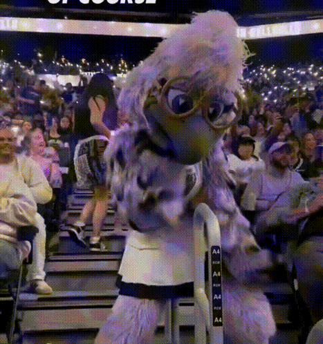 Purple Bird Mascot In Front Of Crowd With Letters A And A GIF