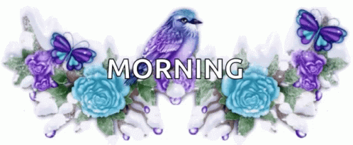 Purple Bird On Branch With Roses And Butterflies Saying Morning GIF