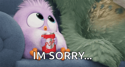 Purple Bird Sitting on Couch Saying Im Sorry