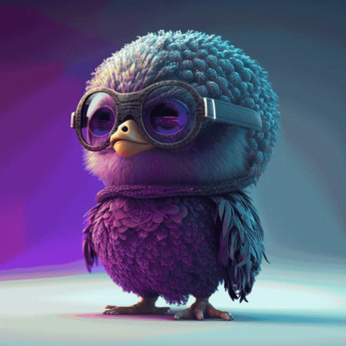 Purple Bird Wearing Scarf Goggles Looking At Camera GIF