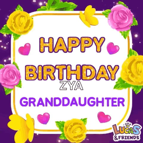 Purple Birthday Card with Flowers and Hearts for Granddaughter