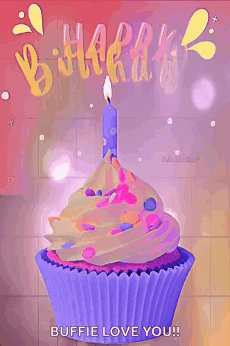 Purple Birthday Cupcake with Blue Candle and Sprinkles
