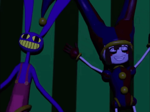 Purple Bunny And Clown Standing In Dark GIF