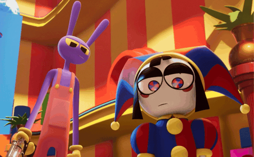 Purple Bunny And Jester In Colorful Room GIF
