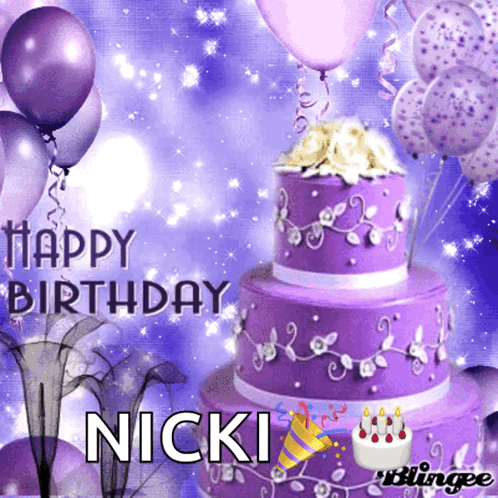 Purple Cake and Balloons Happy Birthday Nicki