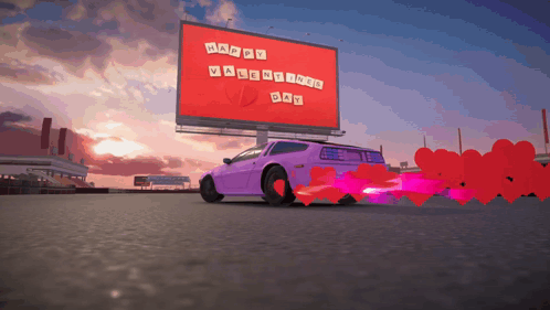 Purple Car Drifting in Front of Valentine Billboard