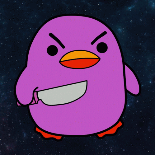 Purple Cartoon Bird With Orange Beak Holding Knife