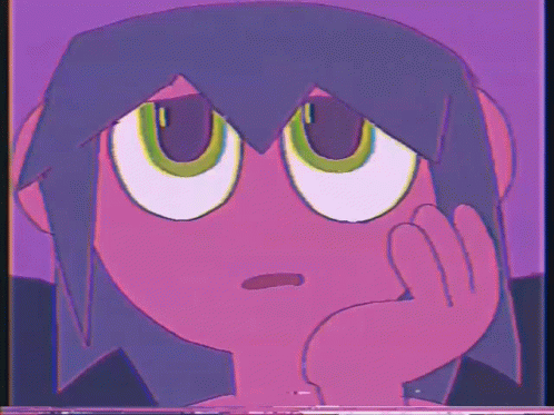 Purple Cartoon Character Green Eyes Hand on Chin